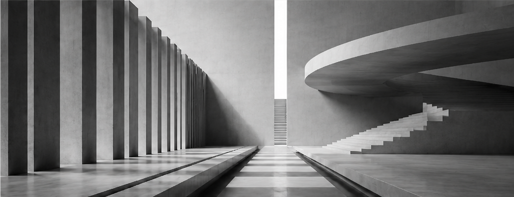Galería arquitectónica con pilares, luz y escalera helicoidal